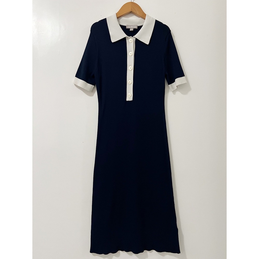 J.Crew Navy Blue Ribbed Knit Polo Midi Dress Short Sleeve Contrast Trim Small